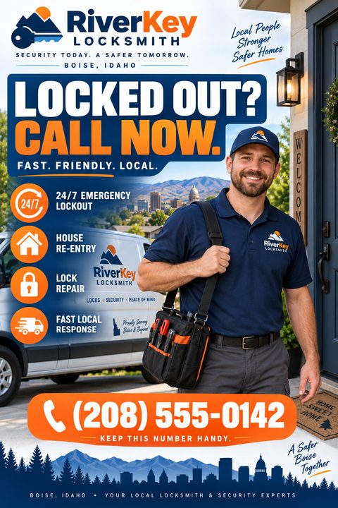 A flyer for RiverKey Locksmith featuring a smiling man with a tool bag standing in front of a house and a branded van. Bold text reads 'Locked Out? Call Now.' with a large phone number at the bottom.