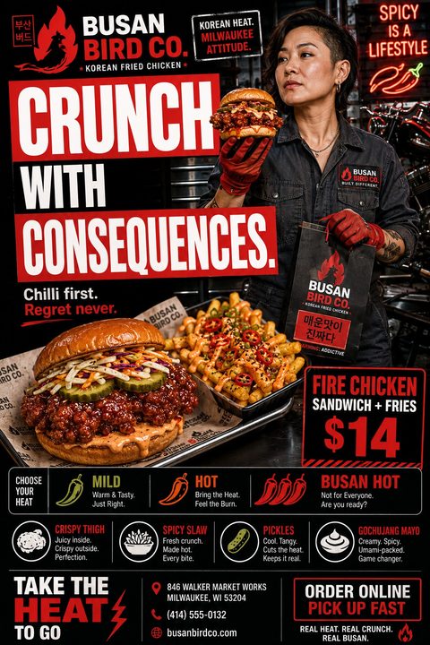 Flyer for a fried chicken restaurant featuring a woman holding a spicy chicken sandwich and a takeout bag. Below is a large photo of a chicken sandwich and loaded fries, with a $14 meal deal offer. The bottom section details heat levels and.