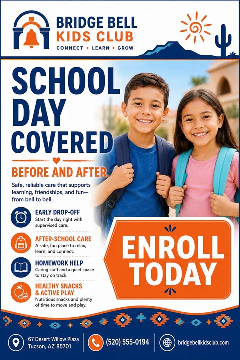 Flyer for Bridge Bell Kids Club offering before and after school care. Features a photo of two smiling children with backpacks, icons for early drop-off, after-school care, homework help, and healthy snacks, and a large orange 'Enroll Today' button.