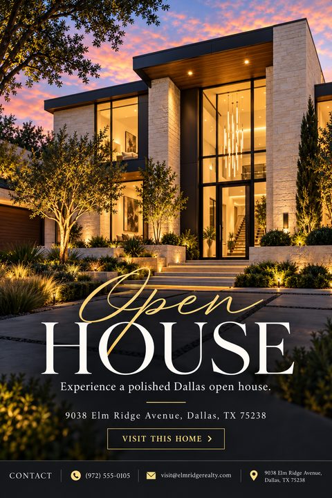 Real estate open house flyer featuring a large twilight photo of a modern luxury home with glowing interior lights. The text 'Open HOUSE' is prominently displayed in elegant script and serif fonts.