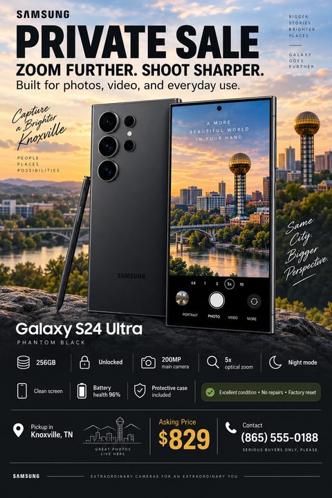 A flyer advertising a private sale for a Samsung Galaxy S24 Ultra. The phone is displayed prominently against a scenic background of Knoxville, TN. The flyer lists specifications like 256GB, Unlocked, 200MP camera, and an asking price of $829.