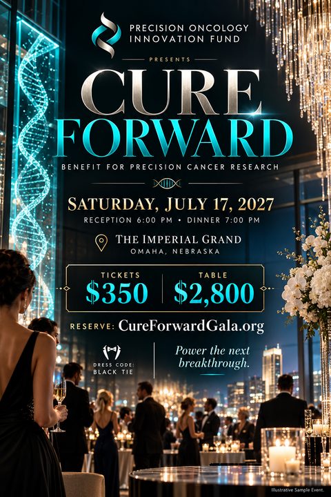 Elegant black-tie gala fundraiser flyer featuring a dark background with glowing blue text and a DNA helix graphic. A photo shows guests in formal wear at a sophisticated evening reception with city views.