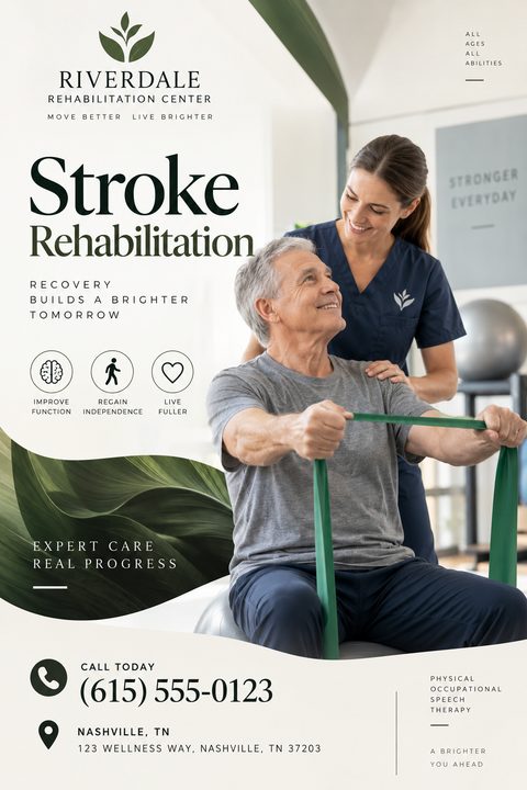 A flyer for a stroke rehabilitation center featuring a photo of a physical therapist helping an older man with a resistance band exercise. The flyer has a clean, professional design with green accents and clear contact information.