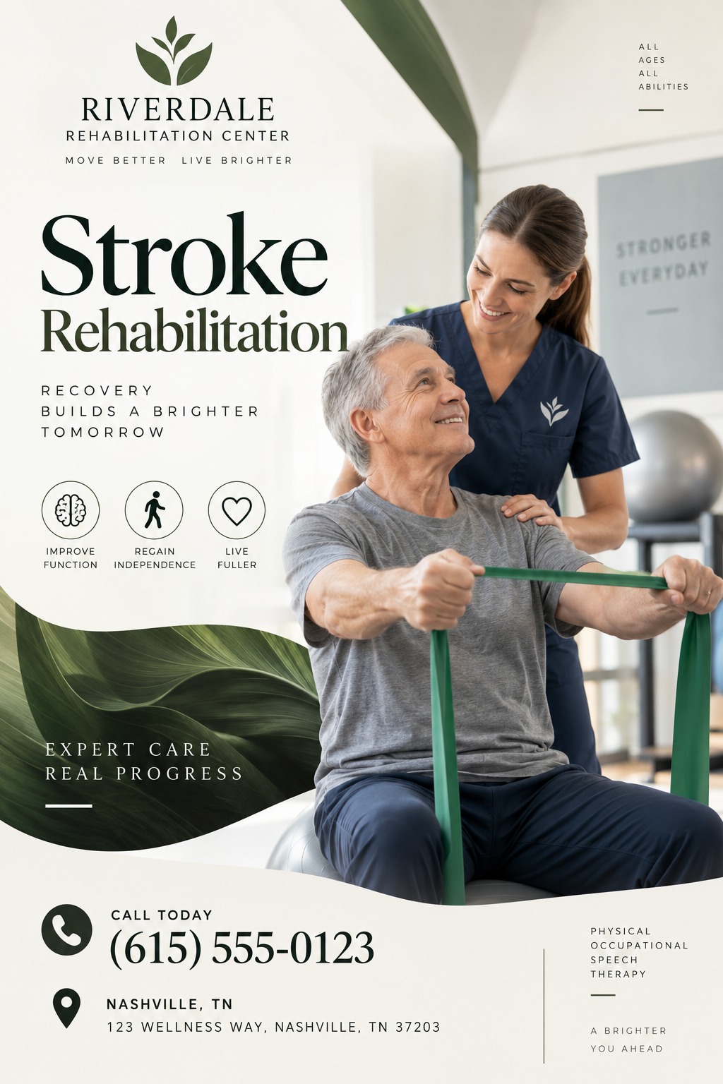 A flyer for a stroke rehabilitation center featuring a photo of a physical therapist helping an older man with a resistance band exercise. The flyer has a clean, professional design with green accents and clear contact information.