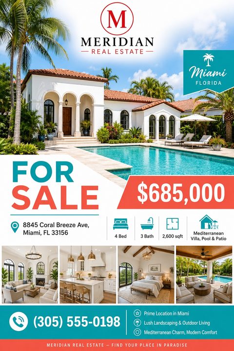 Real estate flyer template with a large photo of a Mediterranean-style home with a pool. Bold text reads 'FOR SALE $685,000'. Below are four smaller photos of the interior and patio, plus property details and contact info.