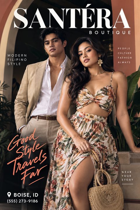 A fashion boutique flyer featuring a full-page photo of a stylishly dressed man and woman posing together. The design includes elegant white serif text and a coral script accent reading Good Style Travels Far.