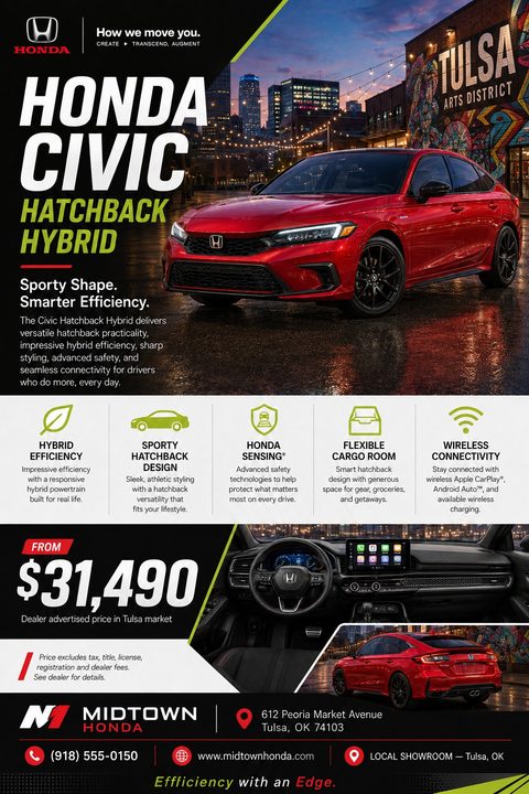 A modern car sales flyer featuring a red hatchback parked on a city street at night. It includes bold text, feature icons, interior dashboard photos, a large price tag, and neon green accents.
