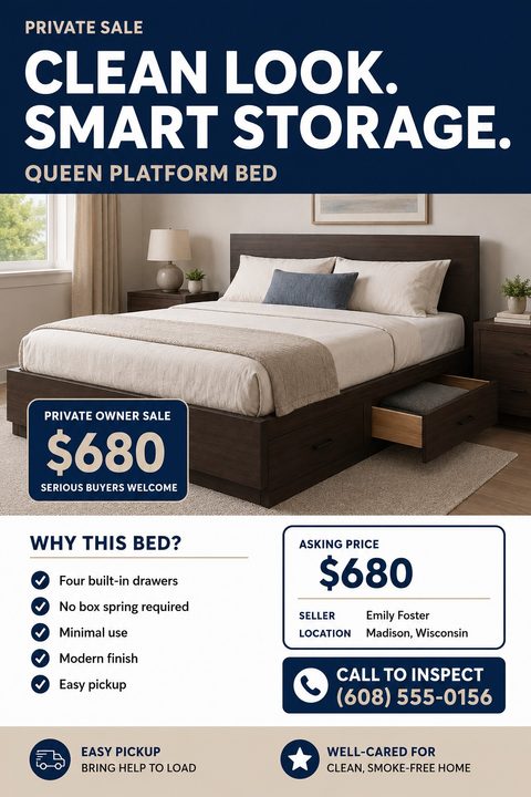 A modern private sale flyer featuring a navy blue header, a large central photo of a wooden platform bed, bulleted features, and clear pricing and contact information sections on a white background.