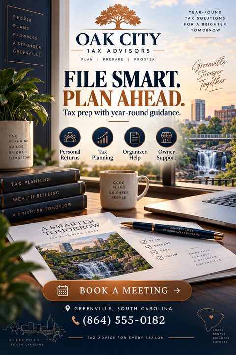 A tax preparation flyer with a scenic view of a city and waterfall from an office window. The flyer includes text for tax services, a coffee mug, books, and a laptop on a desk.