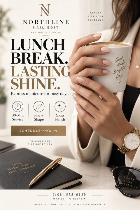 A flyer for an express manicure service featuring a woman with manicured nails holding a coffee cup. The text reads 'Lunch Break. Lasting Shine. Express manicure for busy days.'