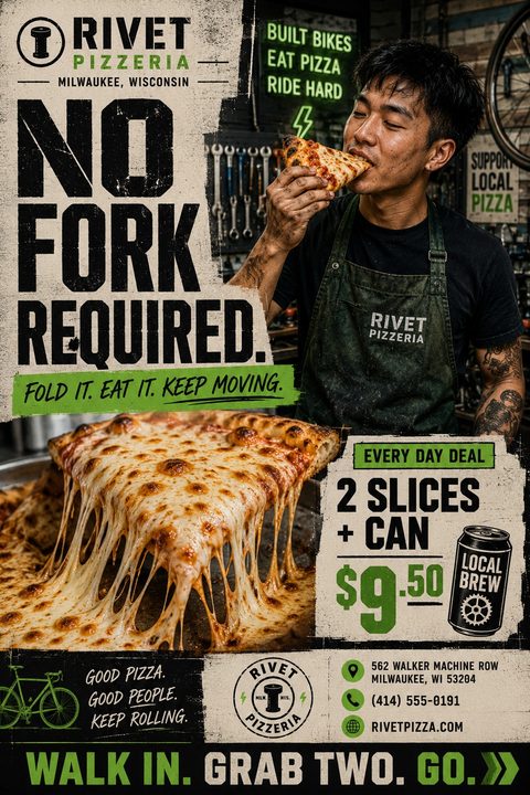 A gritty, industrial-style flyer for a pizzeria. It features a man eating pizza in a workshop, a close-up of a cheesy slice, bold black text on textured beige, and bright green accents.