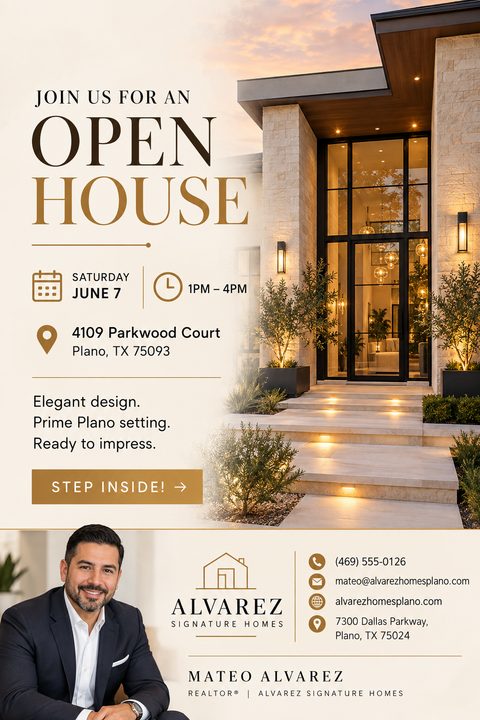 A real estate open house flyer with a cream background, gold text, and a large photo of a modern home entrance blending into the left side. Includes an agent photo and contact details.