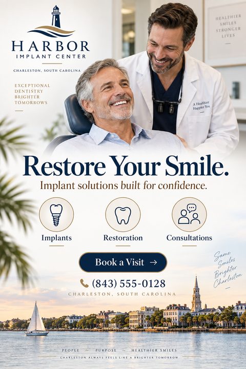 Dental implant center flyer template with a photo of a smiling patient and dentist, nautical logo, service icons for implants, restoration, and consultations, and a coastal city skyline at the bottom.