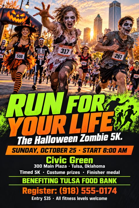 A high-energy flyer for a Halloween Zombie 5K run featuring a photo of runners in zombie costumes. Bold neon green and orange text on a black background highlights event details and registration info.