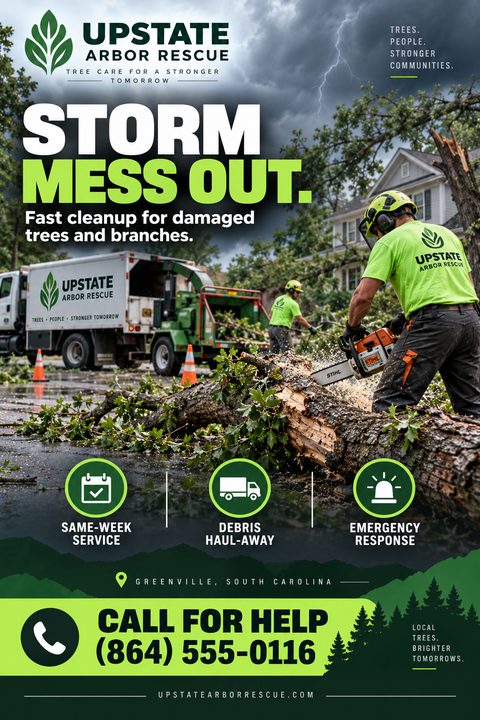 A dramatic flyer for tree care services featuring a stormy sky background and a photo of arborists using a chainsaw on a fallen tree. Bold neon green text highlights storm cleanup.