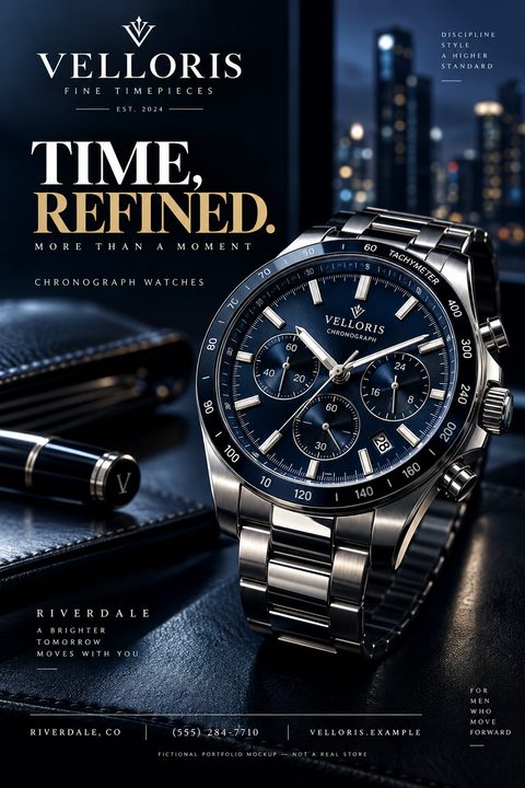 A dark, elegant flyer featuring a large, detailed image of a silver chronograph watch with a blue dial. The text reads 'Velloris Fine Timepieces' and 'Time, Refined.'