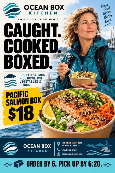 A flyer for a seafood takeaway called Ocean Box Kitchen. It features a woman eating a salmon bowl by the water, a large close-up of the salmon bowl, and bold text reading 'CAUGHT. COOKED. BOXED.' with a price of $18.