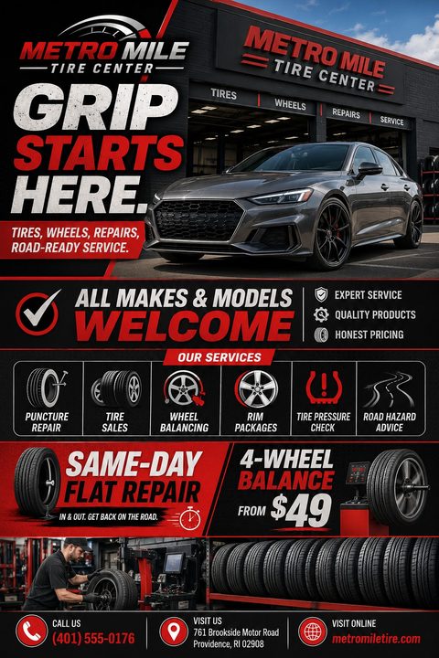 Flyer for a tire center with a dark grey car parked in front of a shop. Text reads 'Grip Starts Here' and lists services like puncture repair, tire sales, and wheel balancing. Includes a special offer for a 4-wheel balance.
