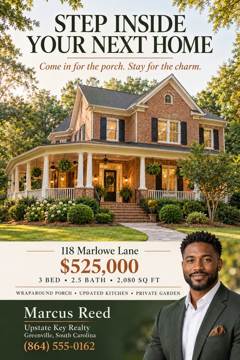 Real estate flyer template with a large photo of a two-story brick house with a wraparound porch. Text reads 'Step inside your next home' and includes property details, price, and agent contact information.