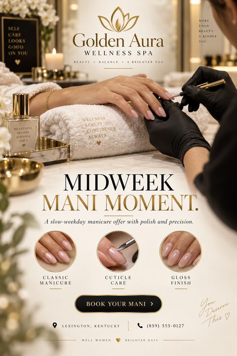 Elegant gold and white flyer for a wellness spa offering a midweek manicure special. Features a large photo of a manicure in progress, three circular inset photos of nail care steps, and booking details.