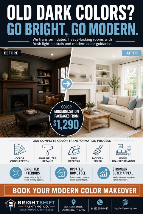 A painting company flyer featuring a large before-and-after split photo of a living room transformed from dark to light. It includes bold text, process icons, and a pricing badge.