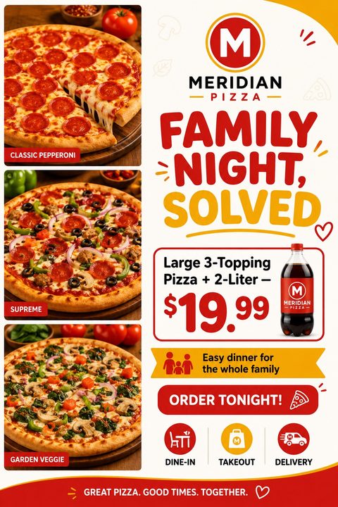 Pizza flyer template with three photos of different pizzas on the left. On the right, bold text reads 'Family Night, Solved' above a special offer for a large pizza and 2-liter soda for $19.99. Icons indicate dine-in, takeout, and delivery options.