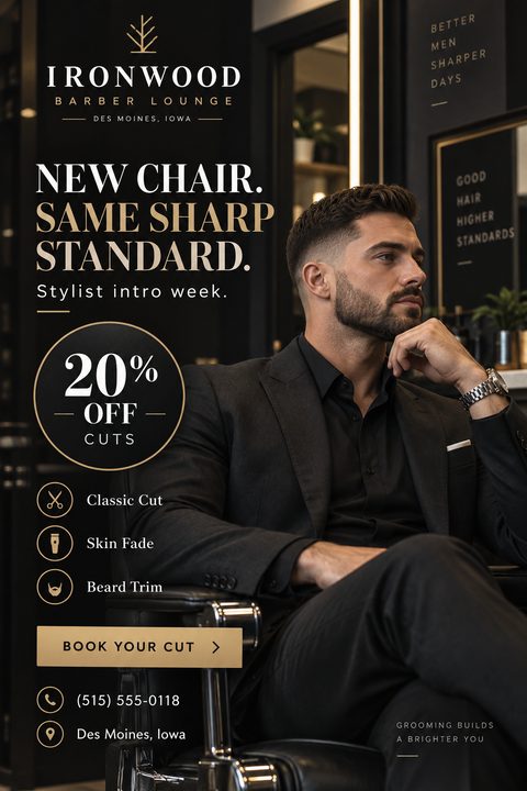 A sophisticated black and gold flyer for a barber shop featuring a well-groomed man in a dark suit sitting in a barber chair. Text promotes a new stylist and a 20% discount on cuts.