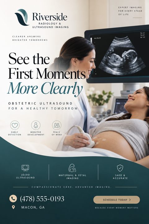 Flyer for an ultrasound clinic featuring a photo of a doctor performing an ultrasound on a pregnant woman. The design includes a teal wave graphic at the bottom with icons for services and contact information.