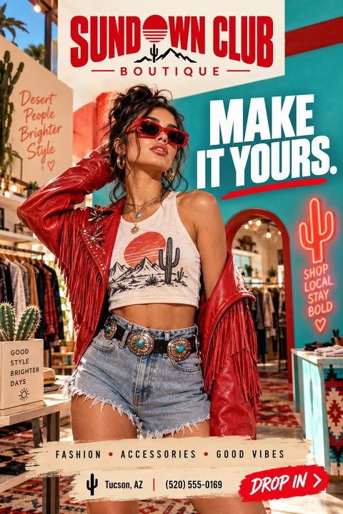 A vibrant fashion boutique flyer featuring a woman in a red fringed jacket and denim shorts. The design includes bold red typography, a neon cactus sign, and desert-themed graphic elements.