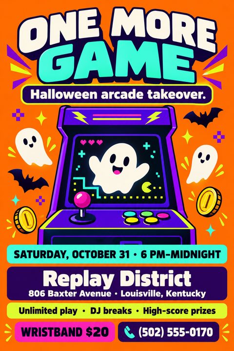 A bright orange Halloween flyer featuring a purple retro arcade machine with a happy ghost on the screen. Cute ghosts, bats, and gold coins float around it, with bold neon text for event details.