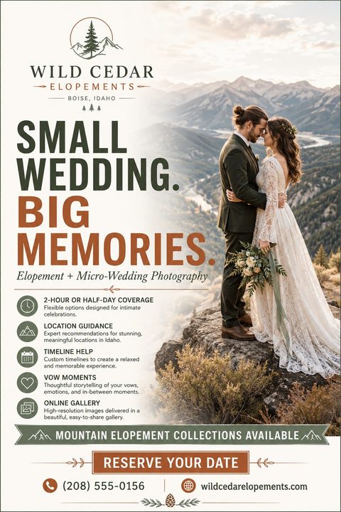 A rustic flyer for elopement photography featuring a large photo of a couple on a mountain cliff. Earthy green and brown text lists services like location guidance and online galleries.