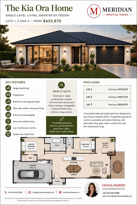 A flyer for a new home design featuring a large exterior rendering of a modern single-level house, a detailed floor plan, key features list, and price guide.