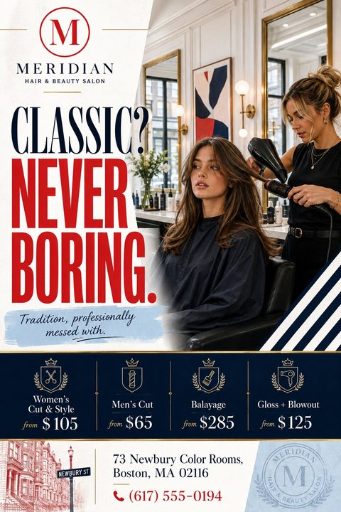 A promotional flyer for a hair salon featuring a stylist blow-drying a client's hair. It includes bold red and navy text, gold service icons, pricing details, and a diagonal split layout.