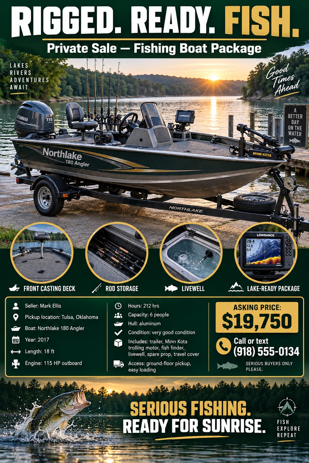 A flyer for a private sale of a fishing boat package. It features a large photo of a boat on a trailer at sunset, four smaller circular photos highlighting features like the casting deck and livewell, and a detailed list of specifications and asking.