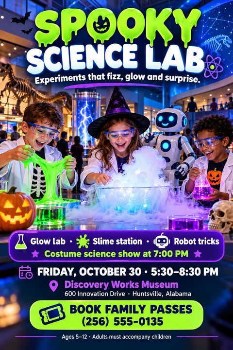 A vibrant Halloween flyer for a Spooky Science Lab event. It features three children in lab coats playing with glowing slime and dry ice, with neon green and purple text.
