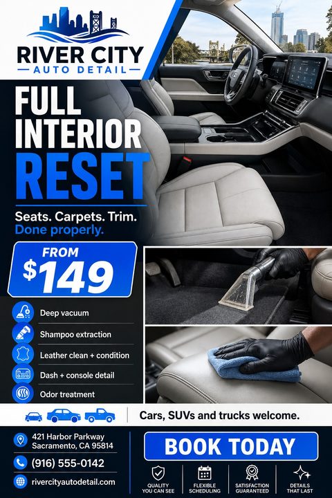 A flyer for auto detailing services featuring a large photo of a clean car interior, smaller photos of carpet cleaning and leather conditioning, a list of services, pricing, and contact information.