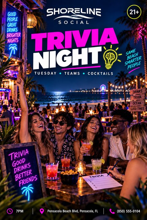 A vibrant neon-themed flyer for a trivia night, featuring a group of friends laughing and drinking cocktails at a beachside bar at night, with glowing pink and blue text overlays.