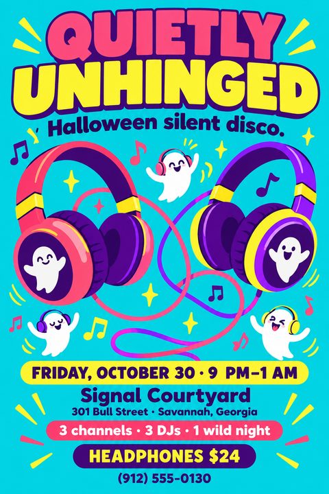 A vibrant cyan flyer for a Halloween silent disco featuring large colorful headphones, tangled cords, and cute cartoon ghosts dancing to music notes and sparkles.