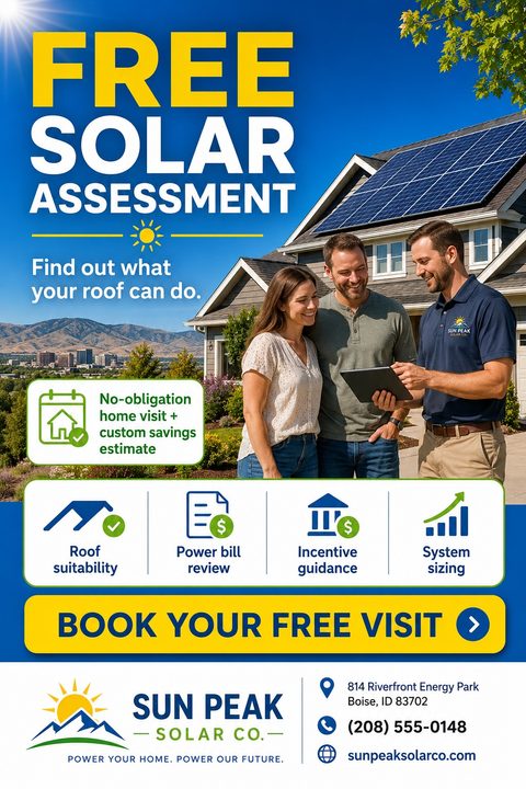 Flyer for a free solar assessment featuring a photo of a solar installer showing a tablet to a couple in front of a house with solar panels. The flyer has a blue background with yellow and white text and icons for roof suitability, power bill review.