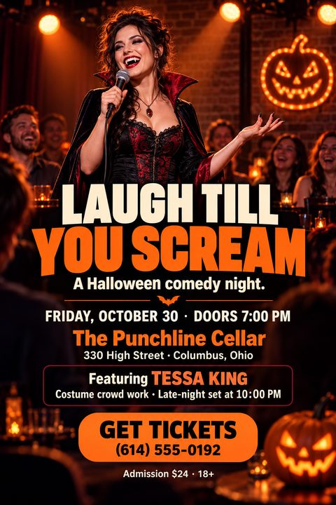 A female comedian dressed as a vampire performs on stage in a dimly lit club. Bold orange and cream text advertises a Halloween comedy night above ticket details.
