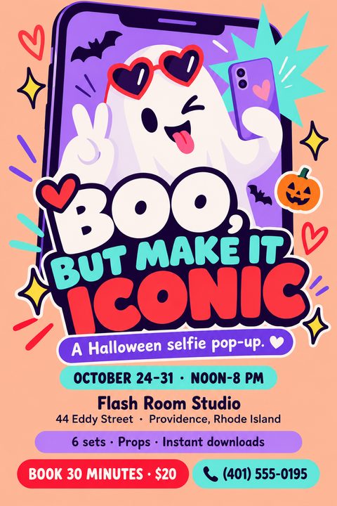 Playful Halloween flyer featuring a cartoon ghost wearing heart sunglasses taking a selfie on a purple smartphone. Bold text reads 'Boo, but make it iconic' surrounded by bats, stars, and a pumpkin.