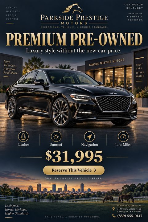 A flyer for a luxury used car dealership. The background is dark navy blue with gold text. A large photo of a black luxury sedan is in the center. Below the car are icons for leather, sunroof, navigation, and low miles, followed by a price of.