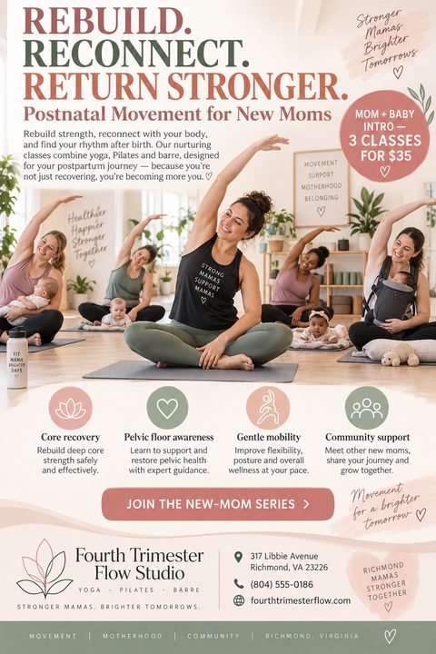Flyer for Fourth Trimester Flow Studio advertising postnatal movement for new moms. Features a photo of mothers and babies doing yoga in a bright studio. Includes class details, pricing, and contact information.
