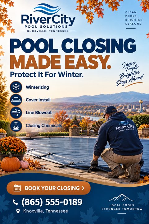 A pool maintenance worker installs a blue winter cover on a swimming pool against a scenic autumn landscape. The flyer features navy and orange text, service icons, and contact information.