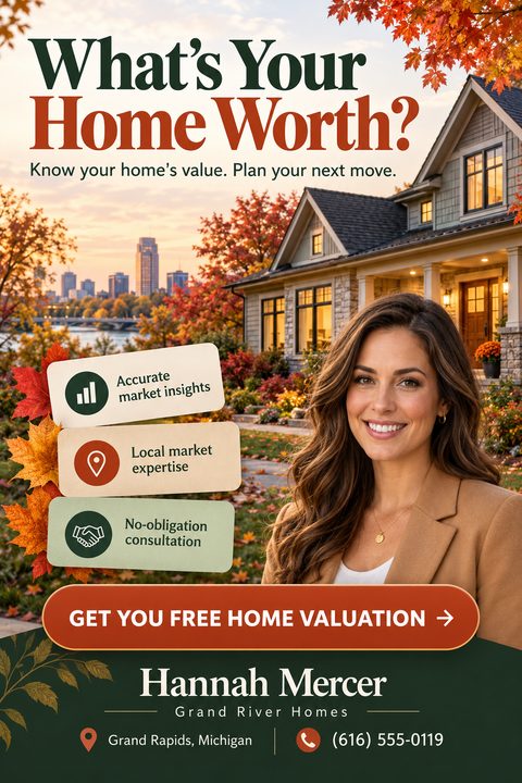 A real estate flyer featuring a smiling female agent, an autumn suburban house with a city skyline, maple leaf accents, and a call to action for a free home valuation.