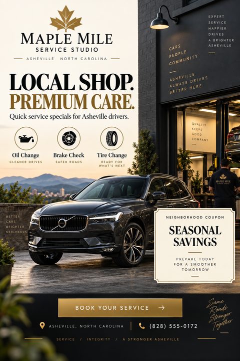 A flyer for an auto repair shop featuring a dark gray SUV parked outside a modern garage. It highlights services like oil changes, brake checks, and tire changes, and includes a 'Seasonal Savings' coupon.