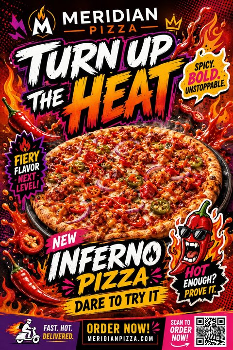 A vibrant, fiery flyer promoting a new 'Inferno Pizza'. It features a large image of a spicy pizza topped with jalapeños and hot sauce, surrounded by flames, chili peppers, and bold text like 'Turn Up The Heat'.