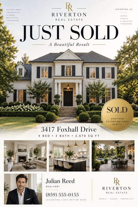 Real estate 'Just Sold' flyer featuring a large photo of a white brick house with black shutters, three smaller interior photos, a gold 'Sold' seal, and a realtor's headshot and contact information.