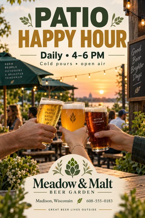 Three hands clinking beer glasses on an outdoor patio at sunset. The flyer features dark green text, string lights, and a cream-colored bottom section for branding.