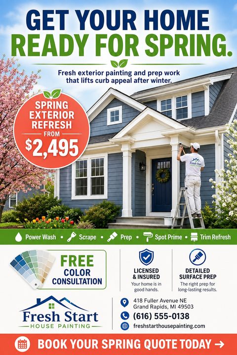 Flyer for Fresh Start House Painting titled 'Get Your Home Ready For Spring'. Shows a painter on a ladder painting the trim of a blue house with blooming spring trees. Includes a red circle with 'Spring Exterior Refresh from $2,495', a list of.